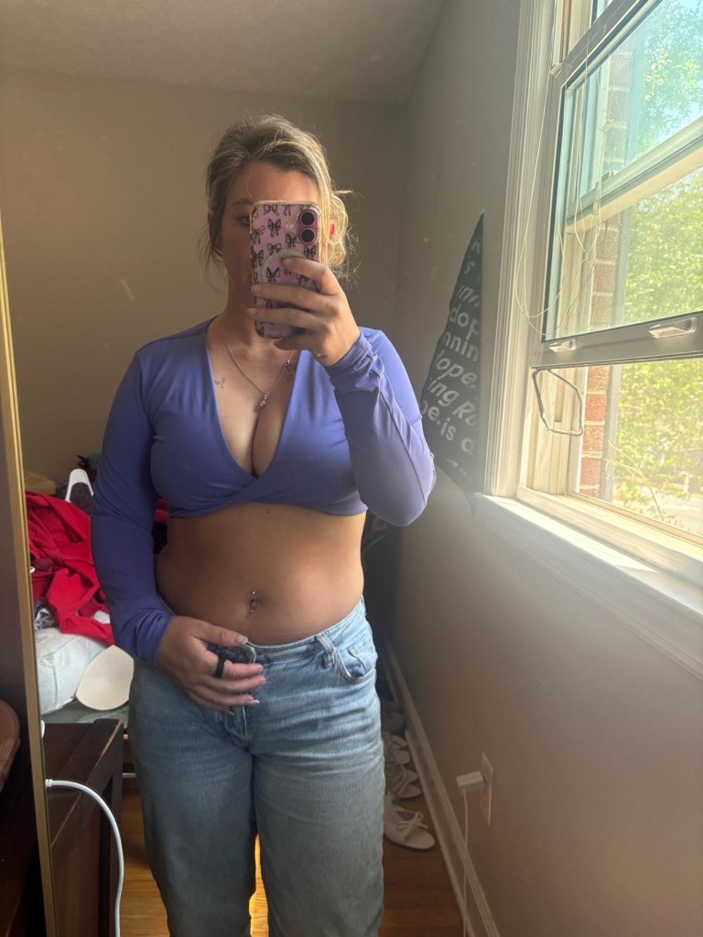 Amazon Light Blue, red, and purple long-Sleeve Wrap Crop Top - Picture 4 of 4